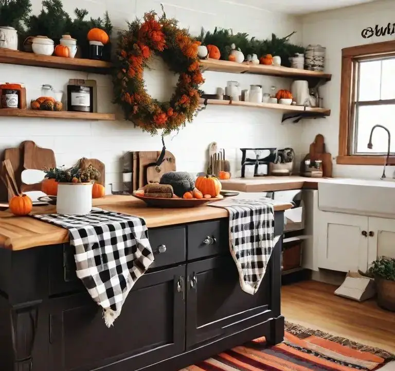 Farmhouse kitchen with fall decor and buffalo check accents