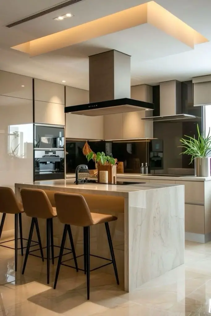 Modern kitchen with illuminated ceiling and marble island