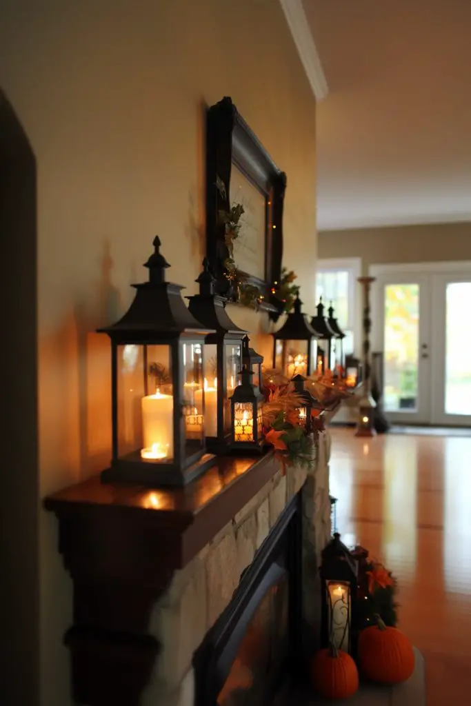 Candlelit lanterns on autumn-decorated fireplace mantel