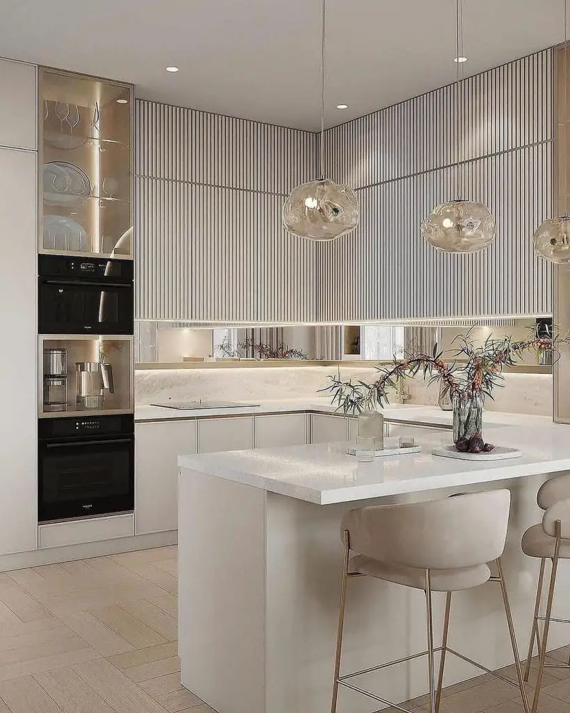 Modern gray kitchen with textured surfaces and LED lighting