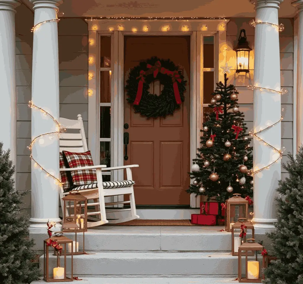 Porch with lit columns wreath on door and decorated Christmas tree