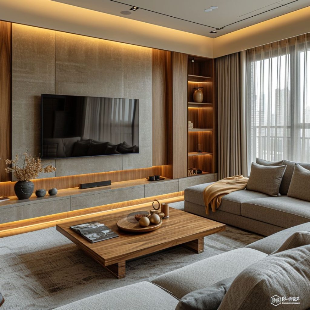 Wooden coffee table with decorative items in modern living room