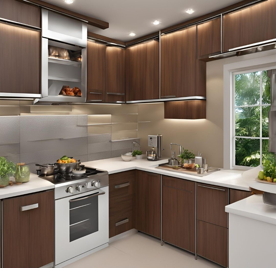 Modern kitchen with dark marble island and wooden cabinets