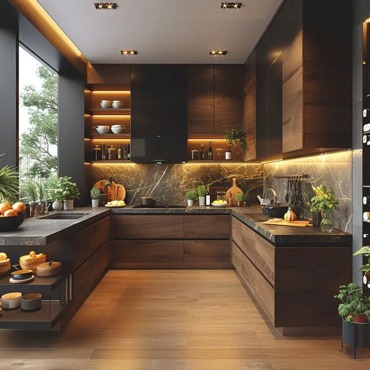 Modern dark wood kitchen with marble backsplash and ambient lighting
