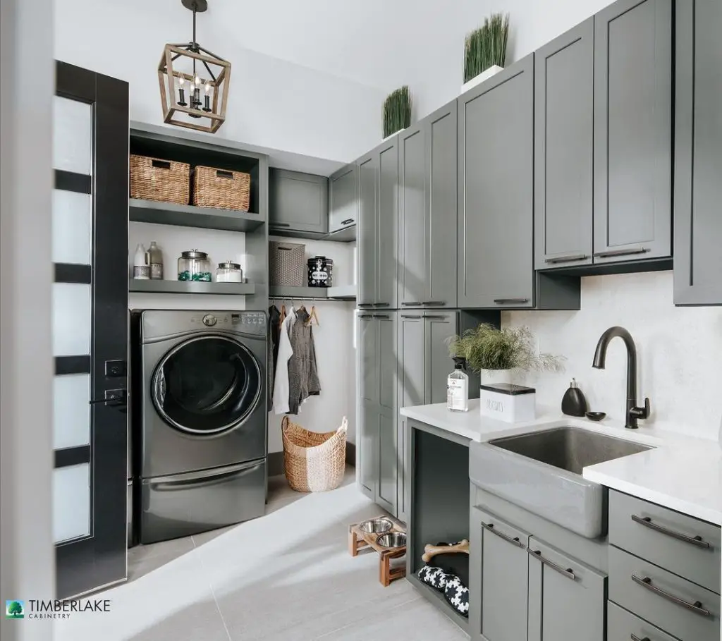 Stylish gray laundry room with farmhouse touches