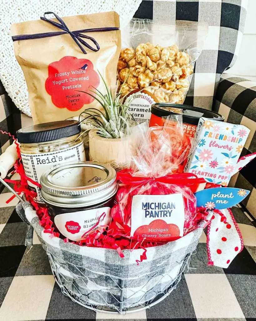 Gift basket filled with Michigan-made snacks and treats.