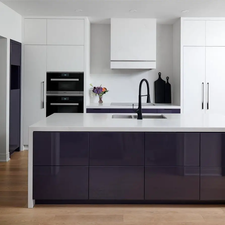Modern kitchen with purple lower cabinets and white uppers