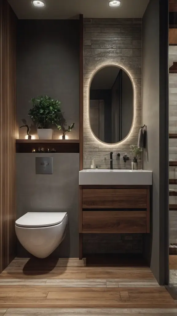 Modern dark bathroom with backlit mirror and wooden vanity