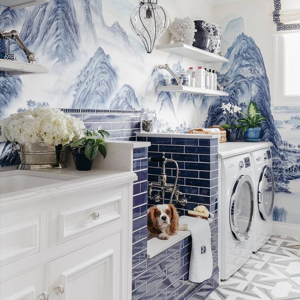 Laundry room with mountain mural and dog relaxing.