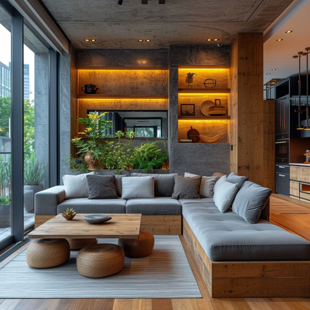 Cozy industrial loft with green balcony view