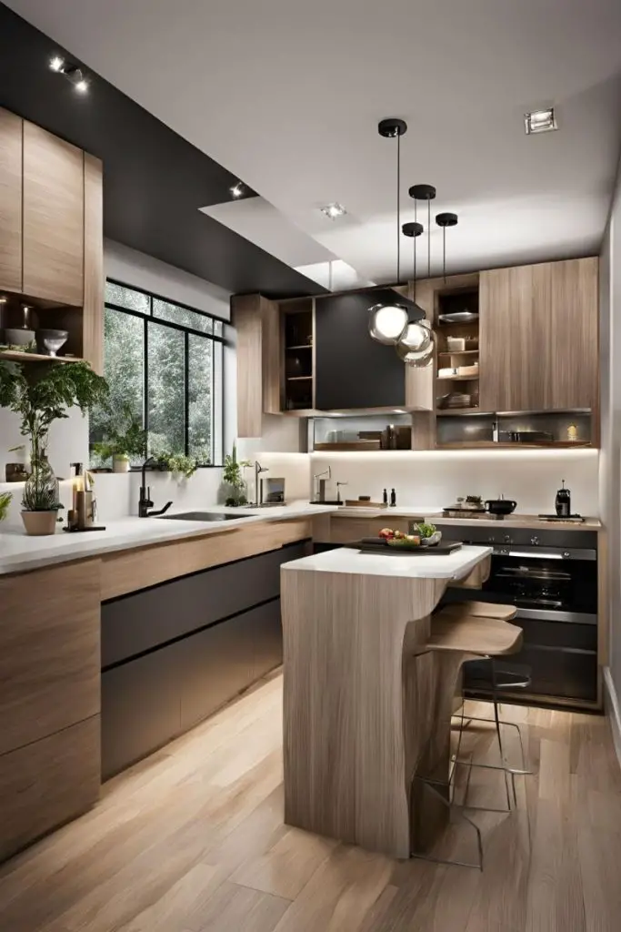 Modern kitchen with wood cabinets and large windows overlooking greenery