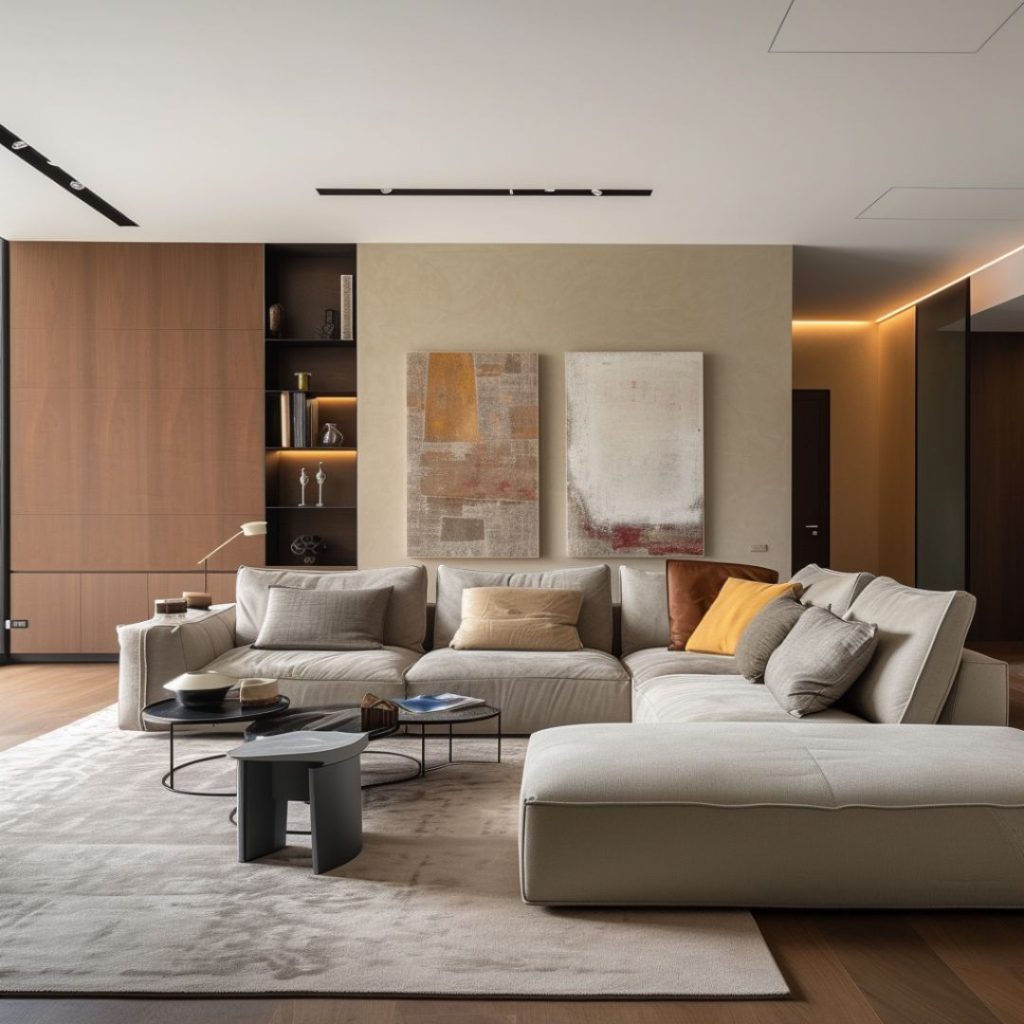Modern living room with nested coffee tables and sectional sofa