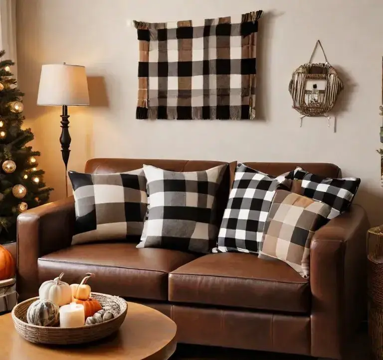 Living room with buffalo check pillows and wall hanging