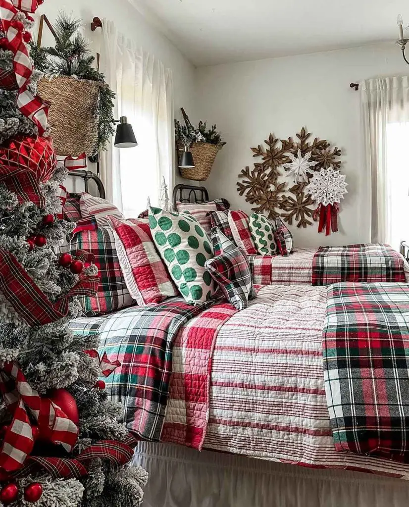 Bedroom with plaid Christmas decor and festive tree