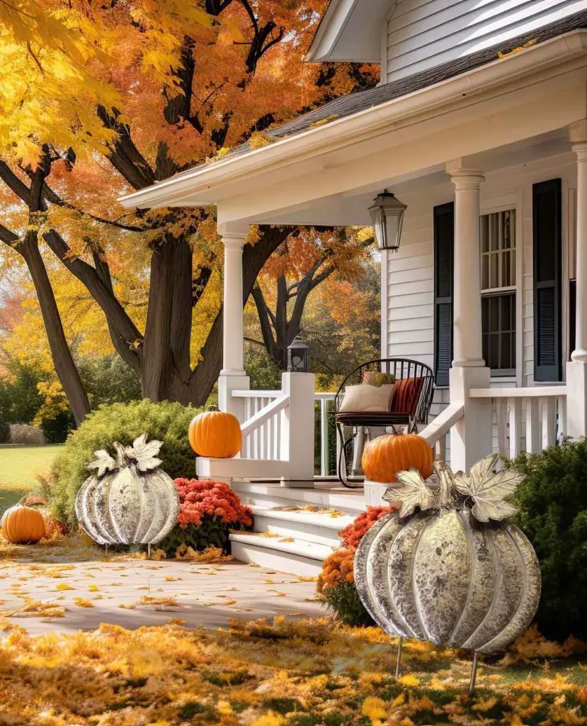 Elegant autumn porch with pumpkins and foliage.
