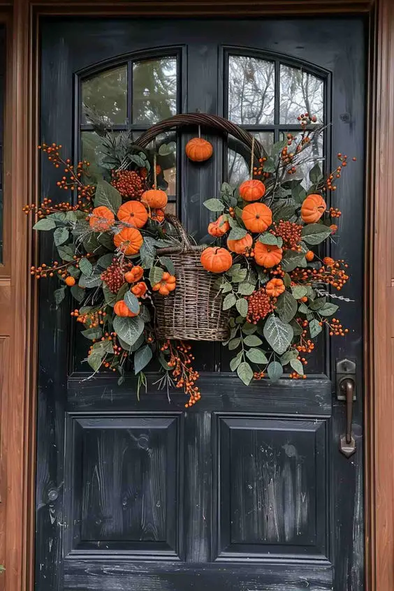 Basket wreath with pumpkins on dark door