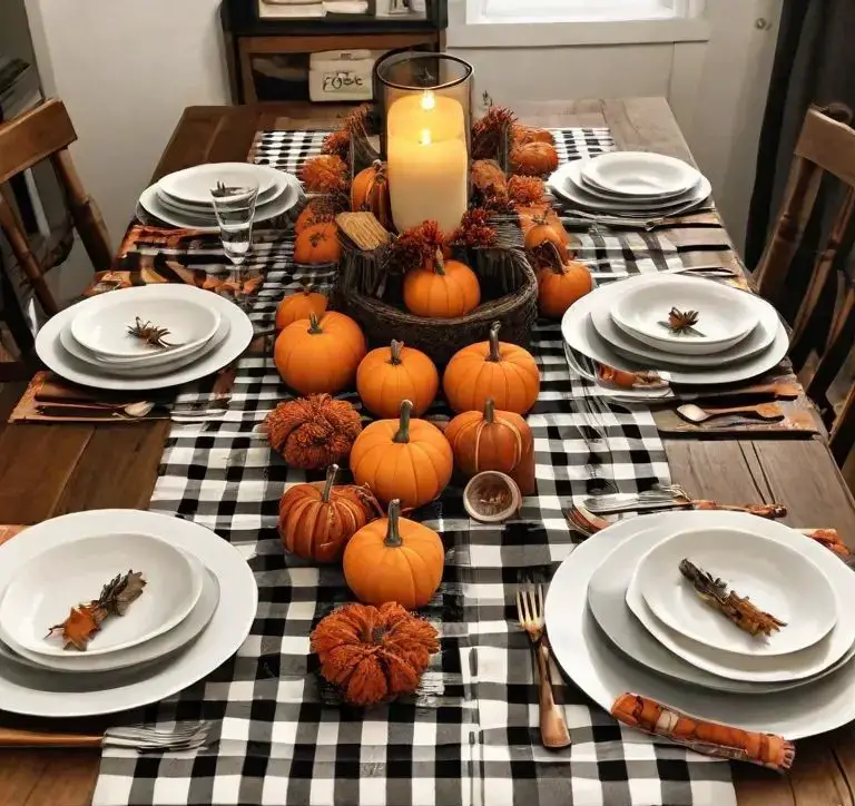 Table set with buffalo check runner and pumpkin centerpiece