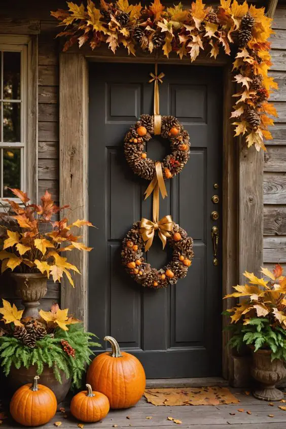 Festive fall door with wreaths and pumpkins
