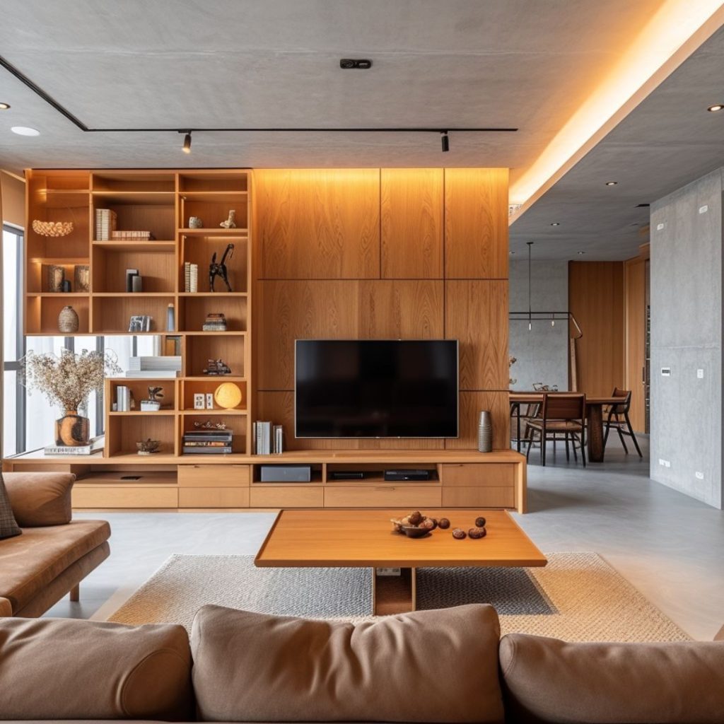 Modern wooden living room with coffee table displaying bowl of walnuts