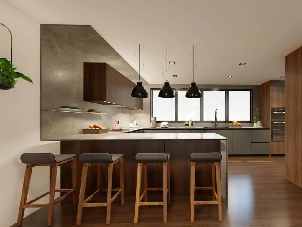 Modern kitchen with wood accents, island seating, and pendant lights
