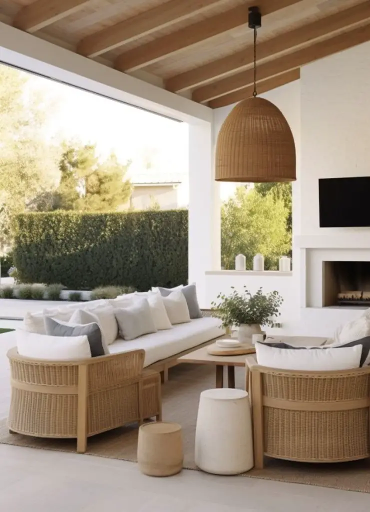 Covered patio with wicker furniture, fireplace, and rattan pendant light