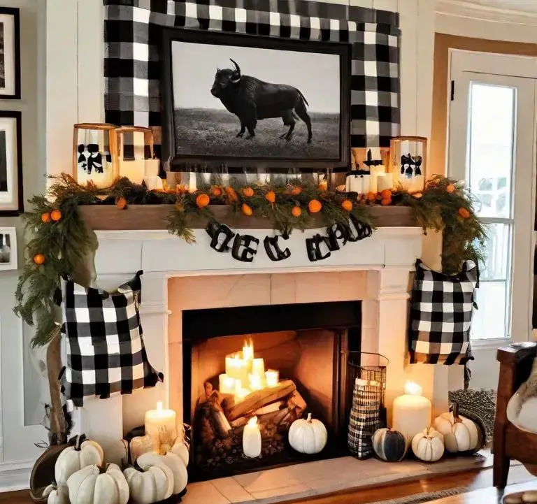 Fireplace with buffalo check decor and fall accents