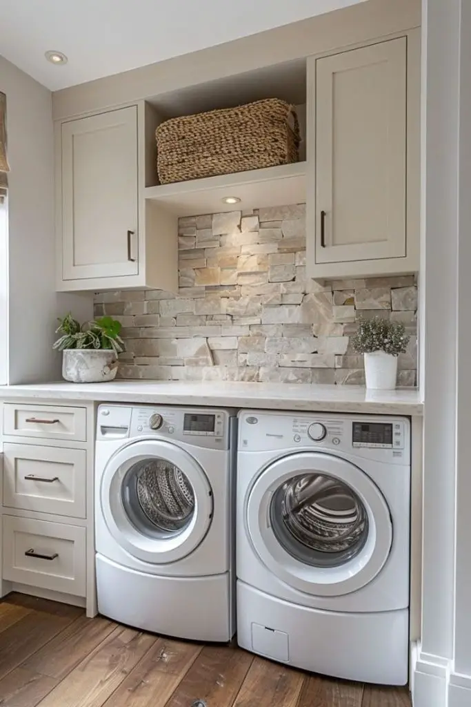 Elegant laundry room with stone backsplash