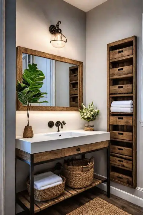 Bathroom with wooden accents and rustic storage solutions