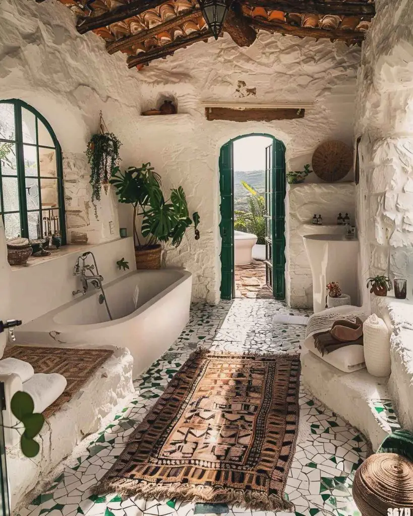 Rustic bathroom with white walls green door and plants
