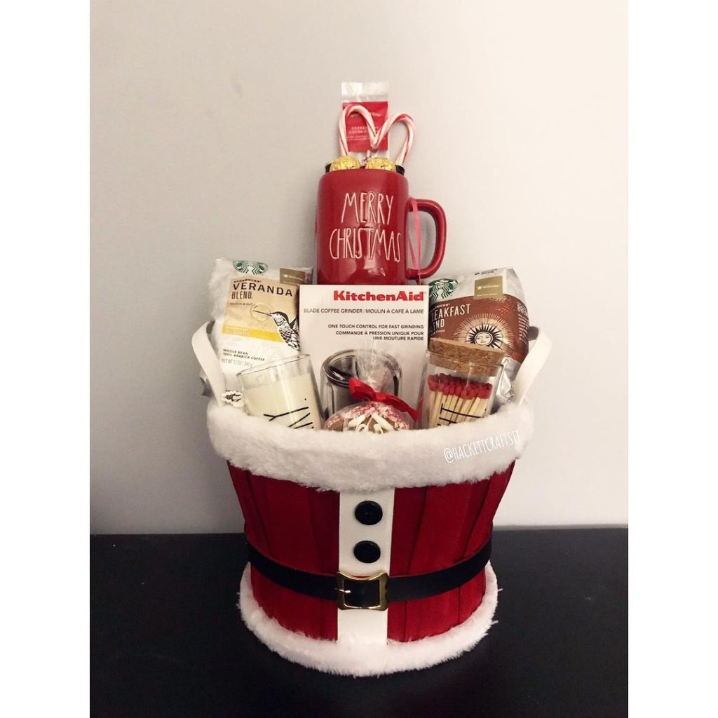 Coffee-themed Christmas gift basket in Santa-styled bucket