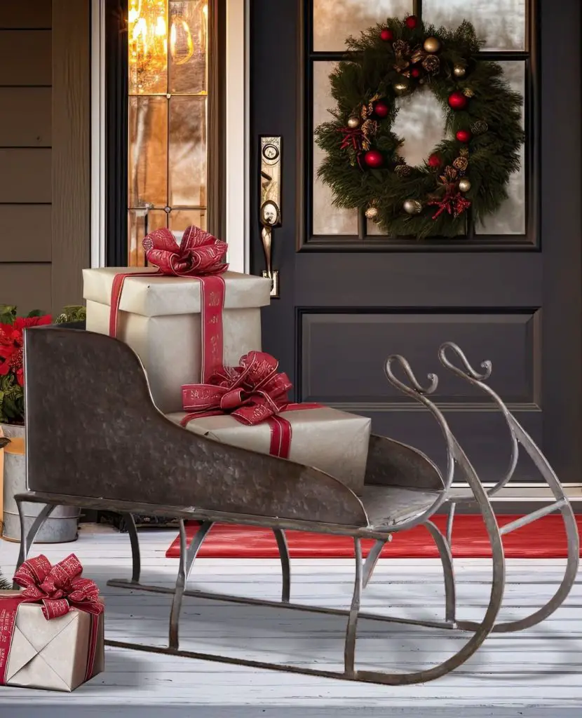 Metal sleigh with gifts on porch by wreathed door