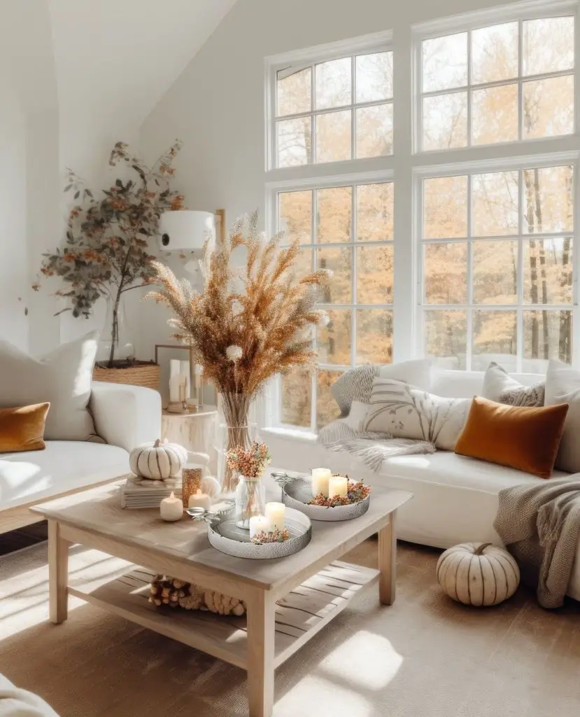 Bright living room with fall decor and autumn view.