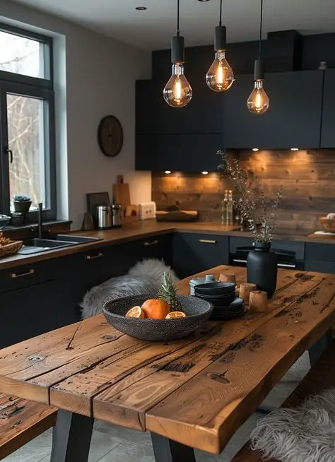 Kitchen Minimalist kitchen with light wood and white cabinets wooden table and globe lights