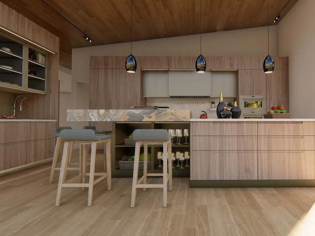 Modern wooden kitchen with blue pendant lights and marble island accent