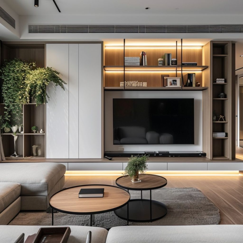 Modern living room with illuminated TV unit and round coffee tables