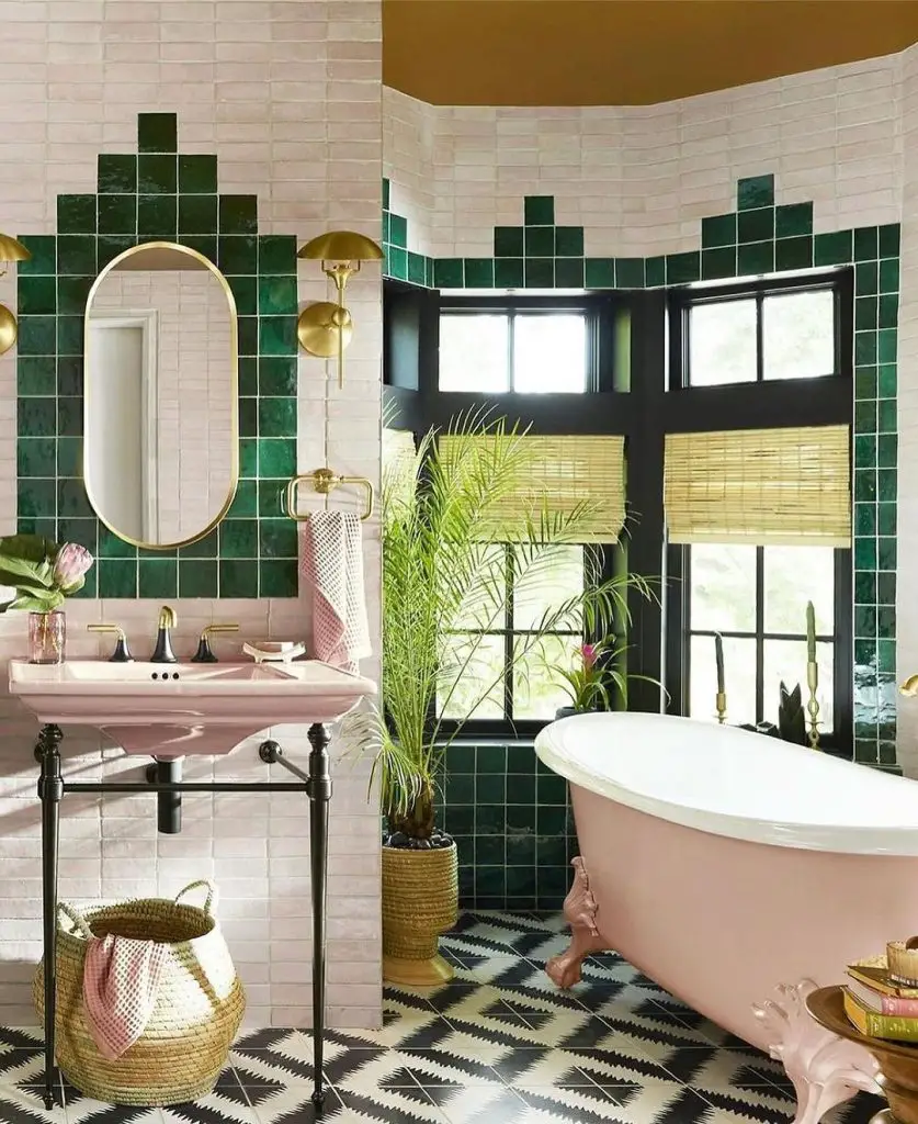Lush Art Deco bathroom with pink tub