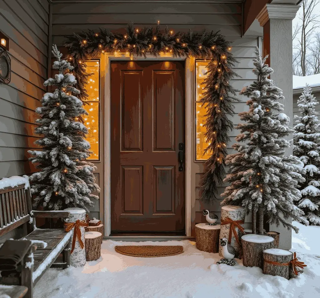Snowy porch with lit trees garland and wooden door