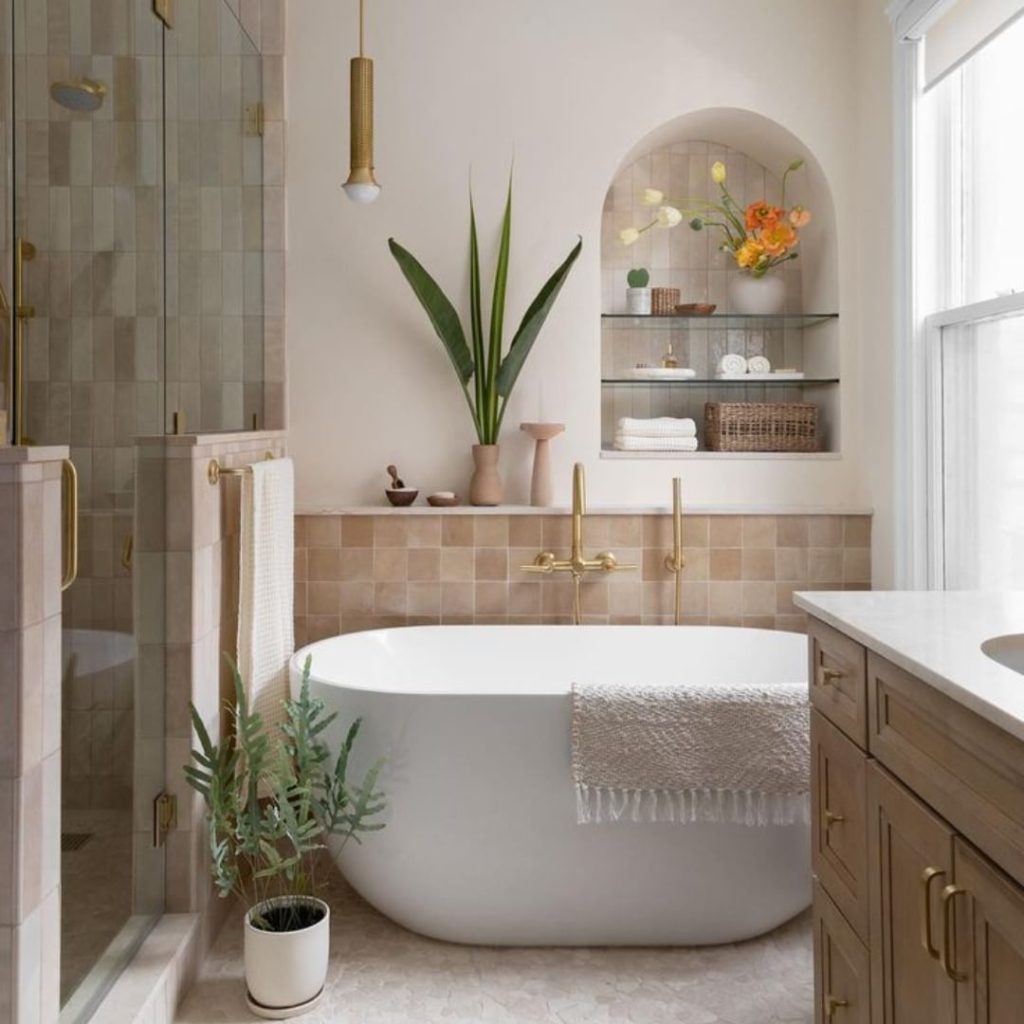 Elegant compact bathroom with freestanding tub