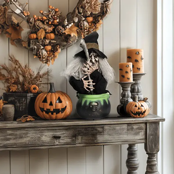 Halloween decor with witch pumpkins and wreath