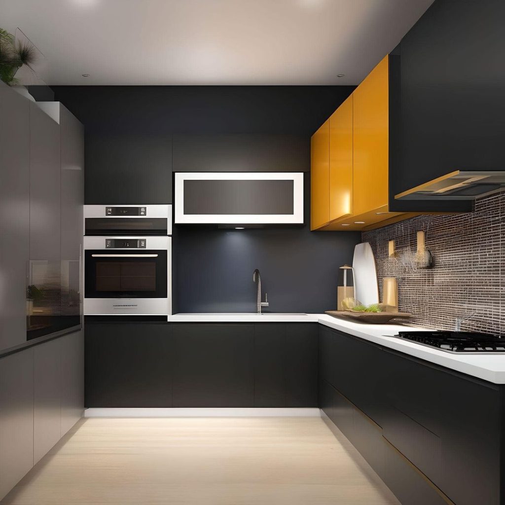 Modern black kitchen with bright yellow accent cabinets
