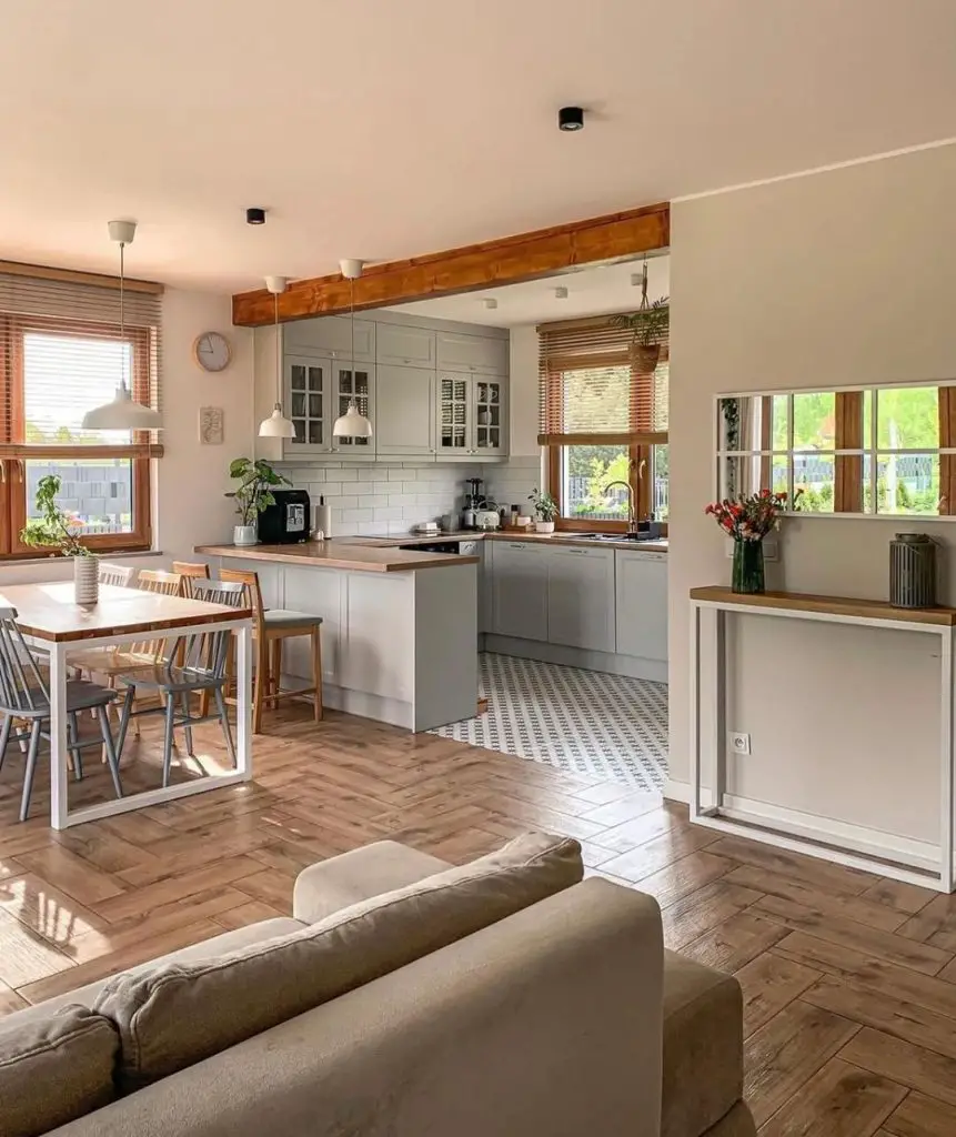 Open-concept kitchen and dining area with farmhouse touches