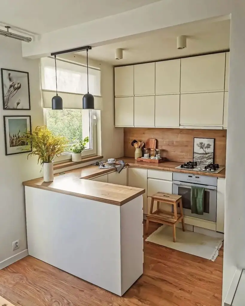 Bright kitchen with white cabinets and wooden accents
