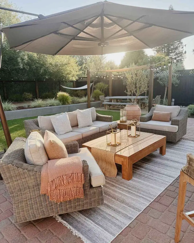 Cozy wicker patio set under large umbrella in landscaped backyard