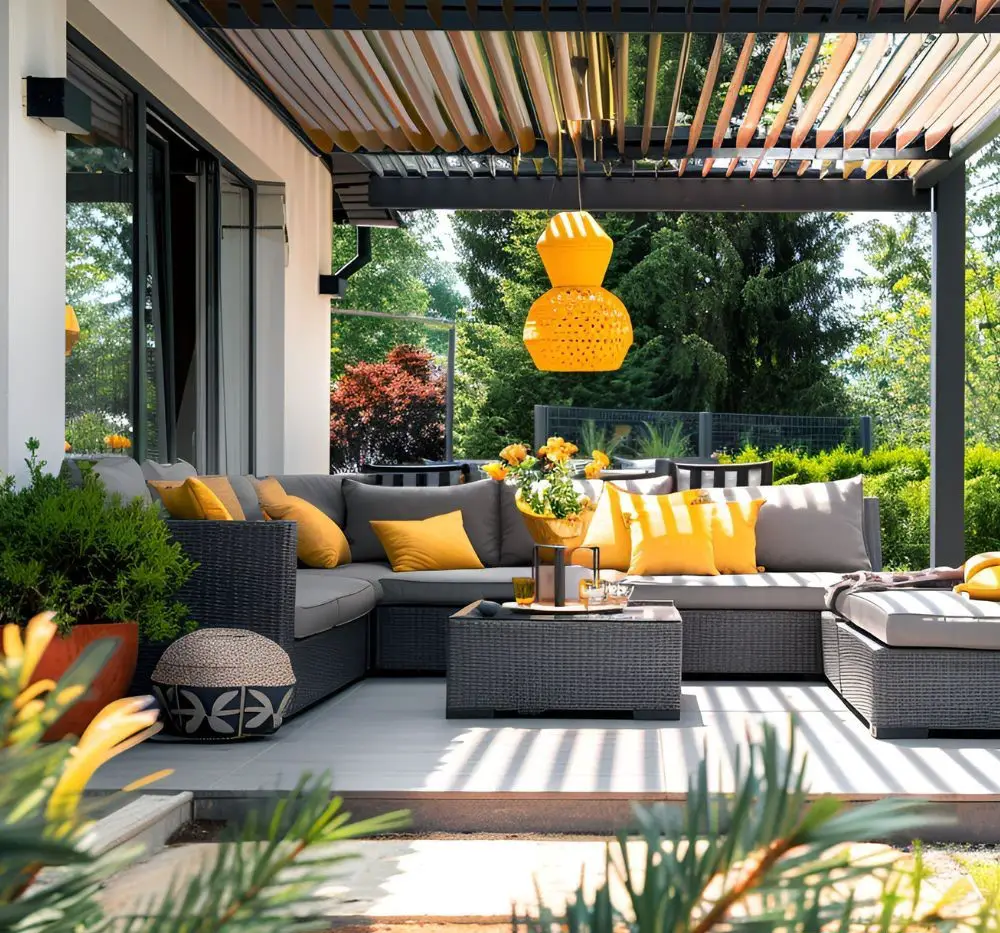 Modern patio with grey sectional and yellow accents under pergola