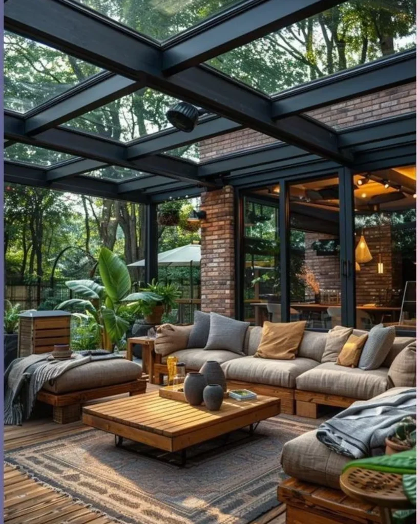Glass-roofed patio with wooden furniture surrounded by trees