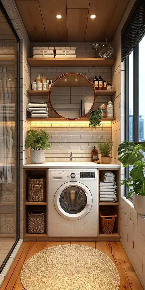 Cozy laundry nook with wooden shelves, plants, and modern appliance