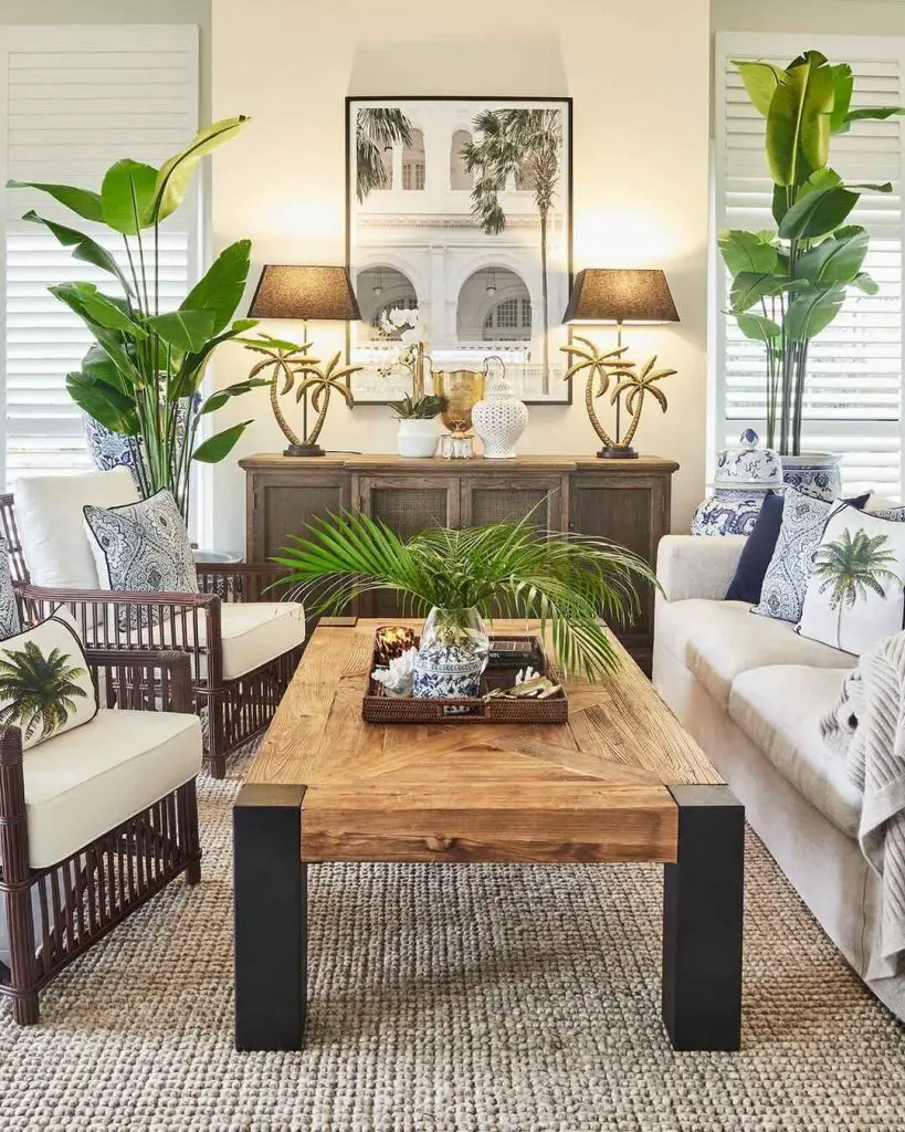 Tropical-themed living room with wooden coffee table and decorative tray centerpiece