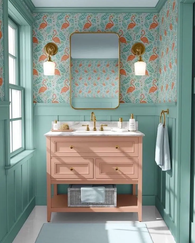Mint bathroom with flamingo wallpaper and pink vanity