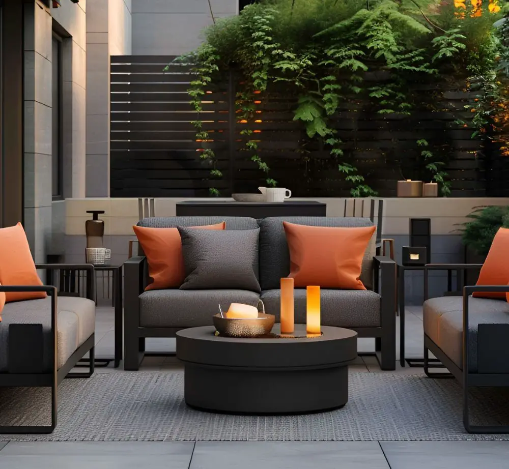 Modern patio with gray and orange furniture lit by candlelight
