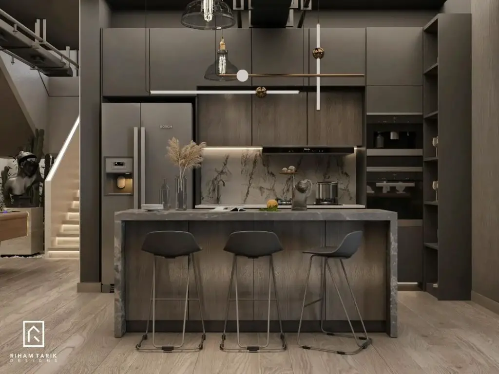 Modern dark kitchen with concrete island and glass pendant lights